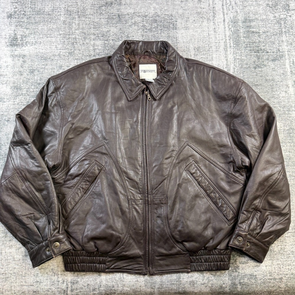 VTG JT Beckett Leather Jacket Mens Large Brown Bomber Aviator Biker Lined 90s